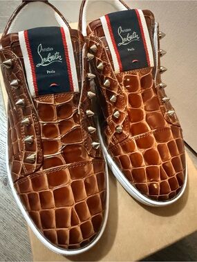 Christian Louboutin Men’s Brown Croc-Embossed Stud Slip-Ons